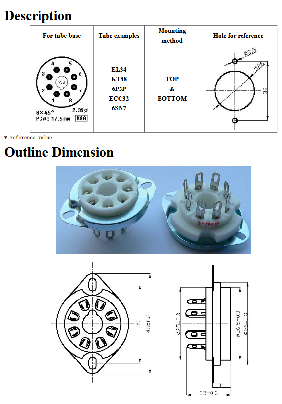 Ceramic 8 Pin Chassis Mount Socket - TUS8C1, ruby sockets, ceramic socket with mount