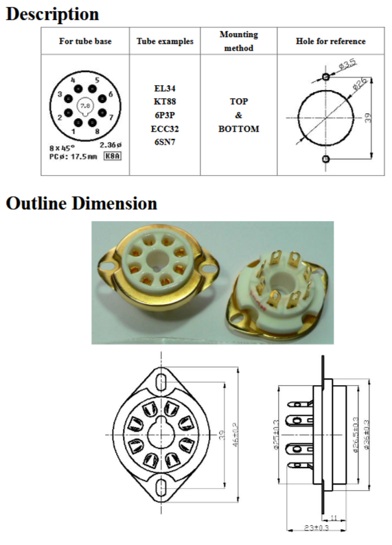Ceramic 8 Pin Chassis Mount Socket Gold Pin - TUS8C1G, ruby sockets, ceramic socket with mount