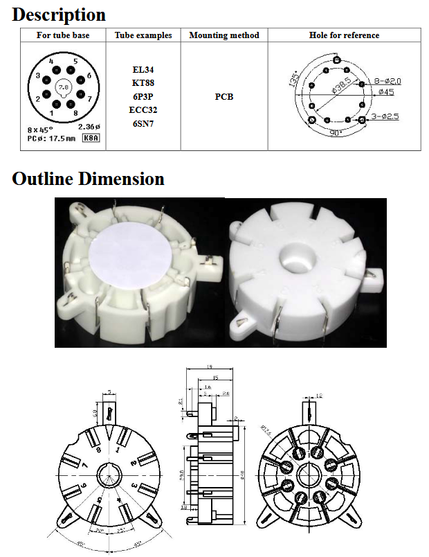 Ceramic 8 Pin PCB Mount Reverse Socket - TUS8PC8C, ruby sockets, ceramic socket with mount