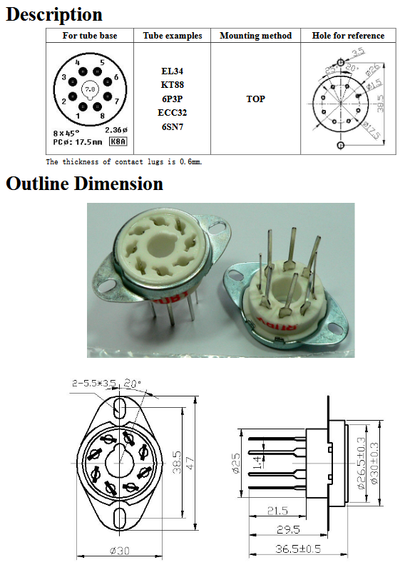 Ceramic 8 Pin Socket With Long PC Pins - TUS8C5F-BT, ruby sockets, ceramic socket with mount