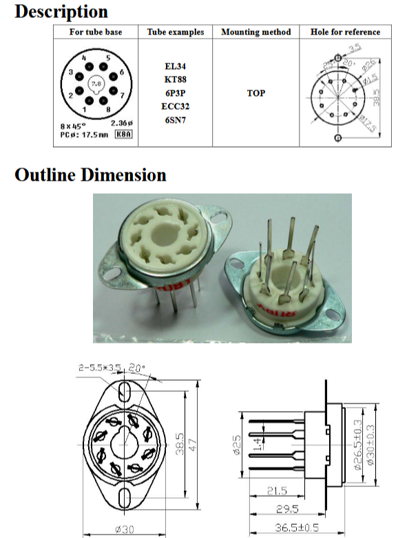 Ceramic 8 Pin Socket With Long PC Pins, ruby sockets, ceramic, 8-pin, old fender