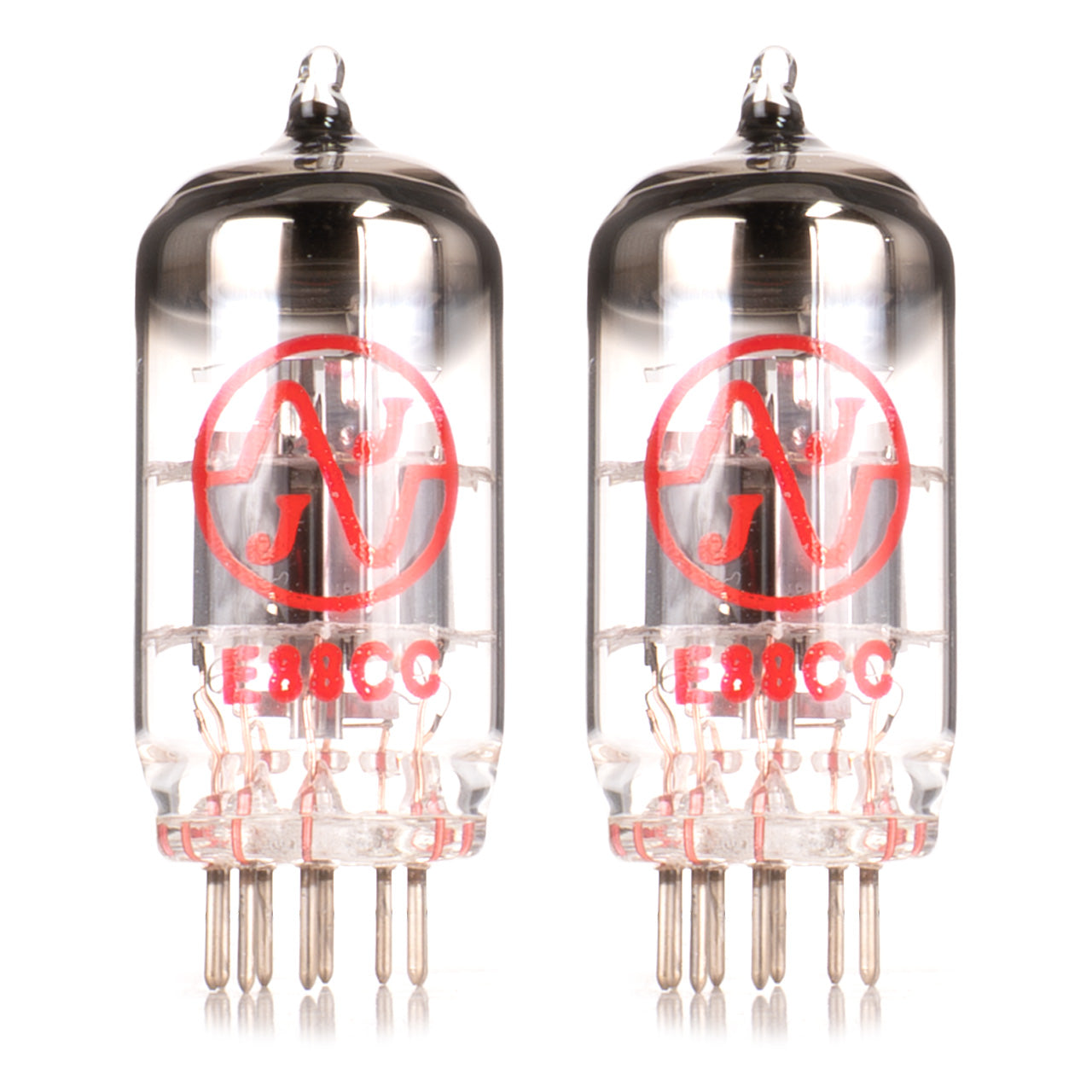 Two vacuum tubes with red logo and 'E88CC' marking on a white background