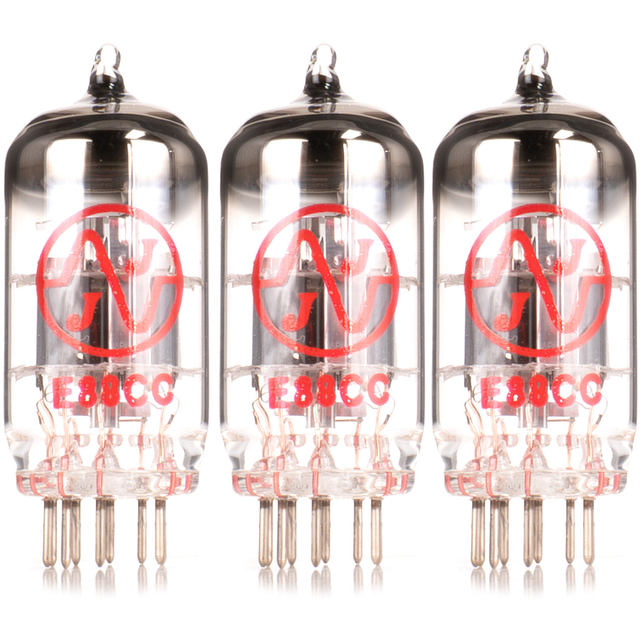 Three vacuum tubes with red logo and model number on a white background
