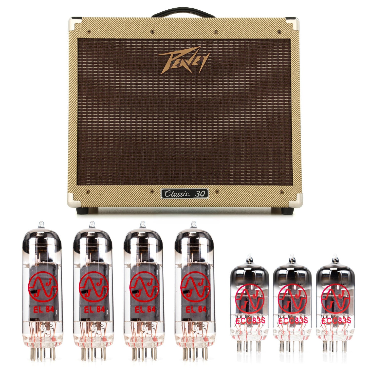 Peavey guitar amplifier tube kit with four EL84 and three jj 12ax7 vacuum tubes on a white background. Indicating tube replacement kit.