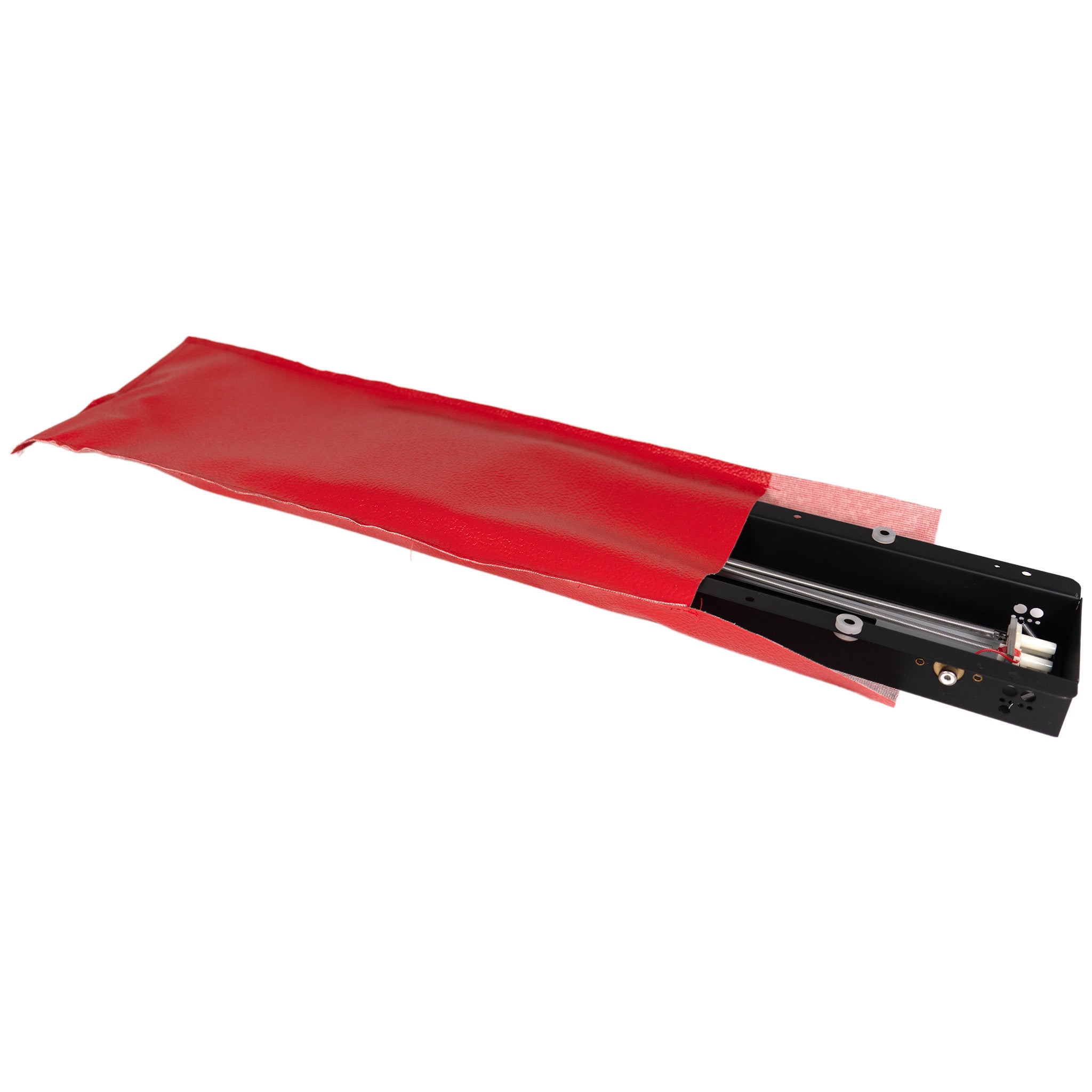 A red rectangular protective sleeve or pouch partially unzipped to reveal a black metal rail or guide system with small silver hardware, shown on a plain white background.