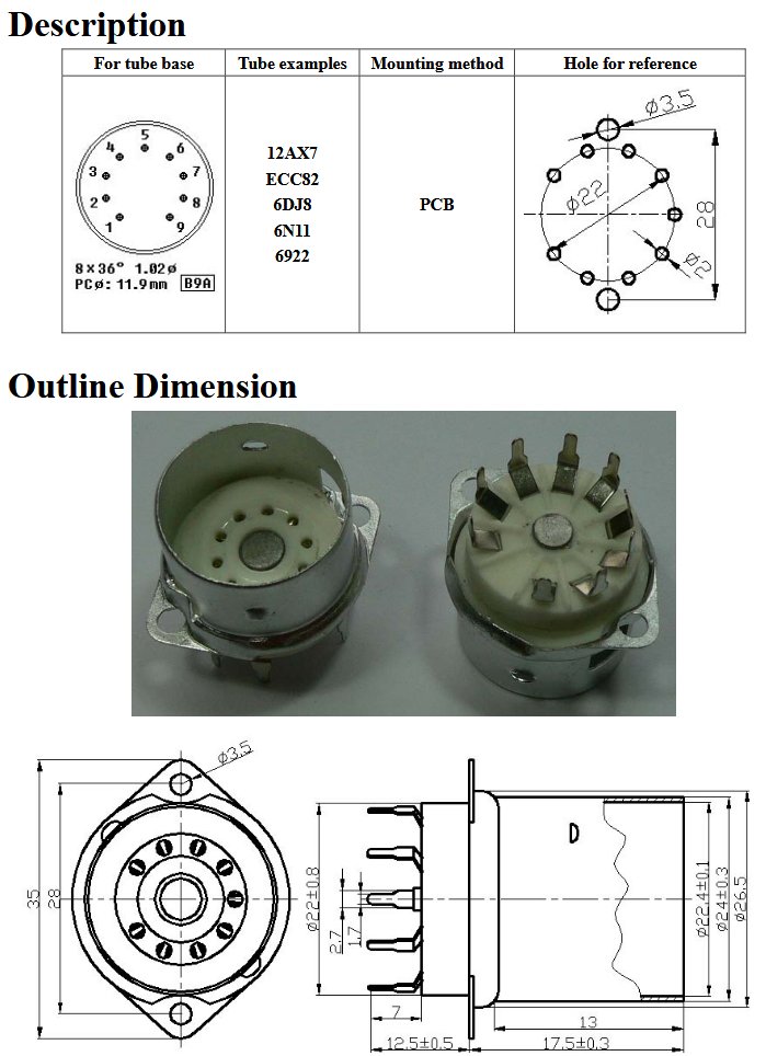 Ceramic 9 Pin Socket W/ Shield Base -TUS9PC6, ruby sockets, amp sockets , spec sheet