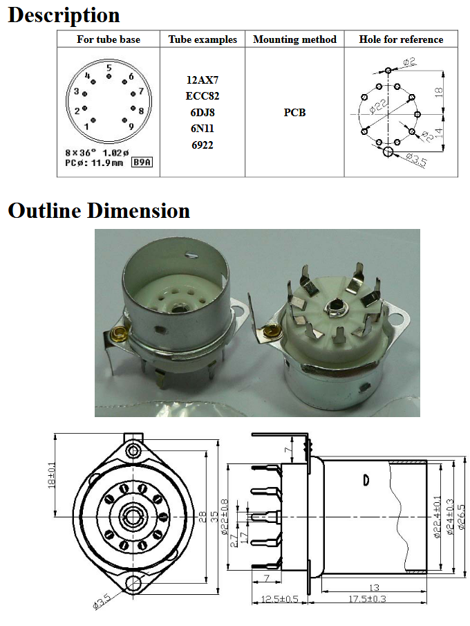 Ceramic 9 Pin Socket W/ Shield Base -TUS9PC7, ruby sockets, amp sockets , spec sheet