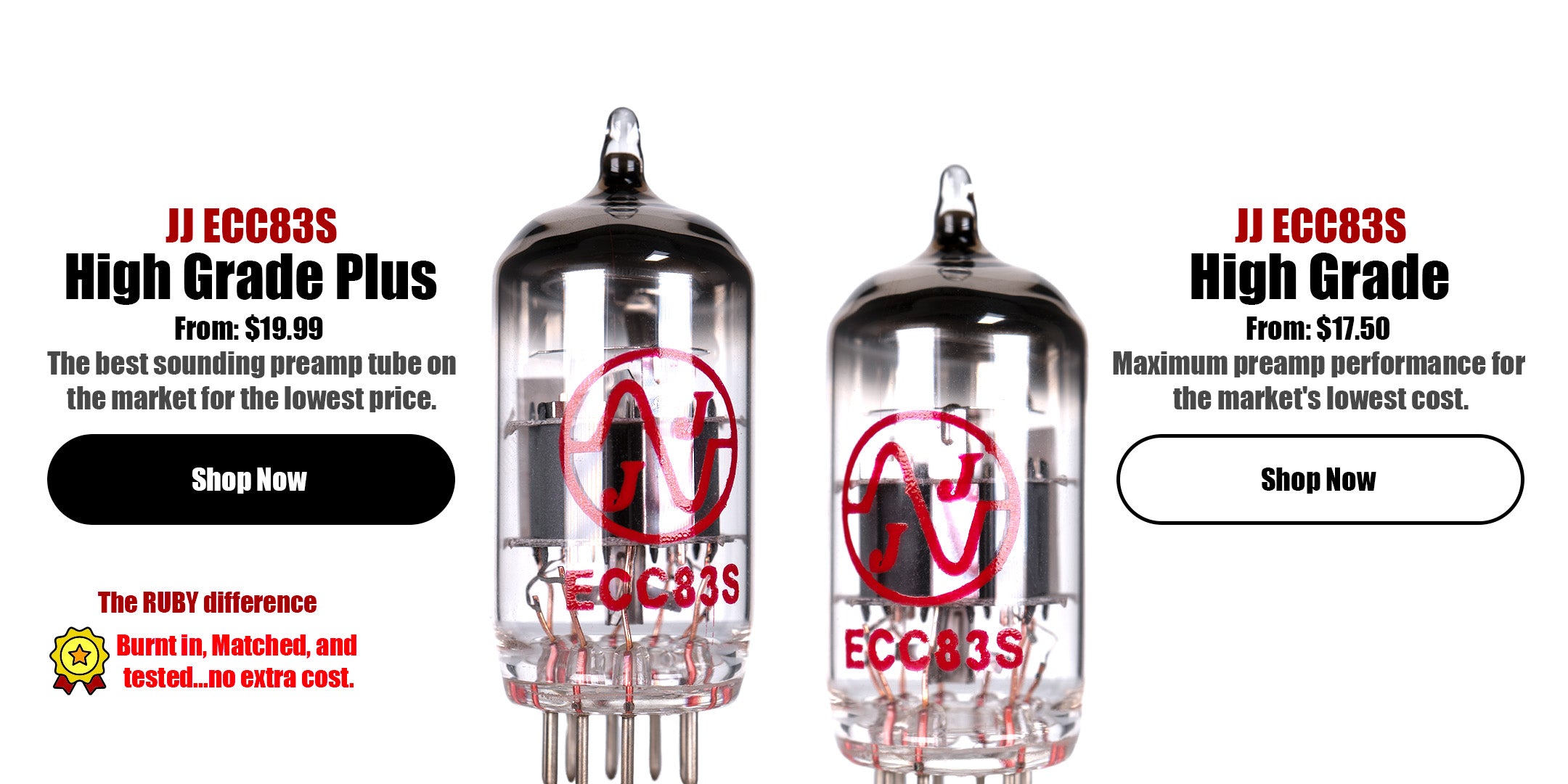 Two JJ ECC83S vacuum tubes with branding and pricing information on a white background.