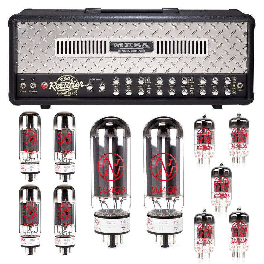 Mesa Boogie guitar amplifier head with matching tubes on a white background. Indicating tube replacement kit. 