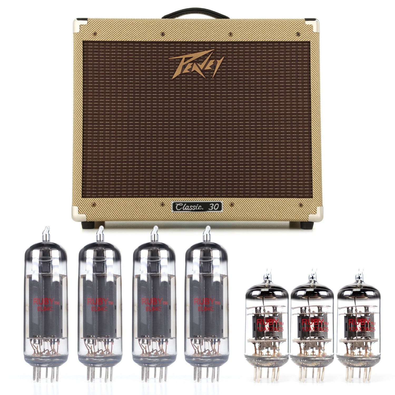Peavey Classic 30 guitar amplifier four el84c and three ruby 12ax7ac5 vacuum tubes on a white background