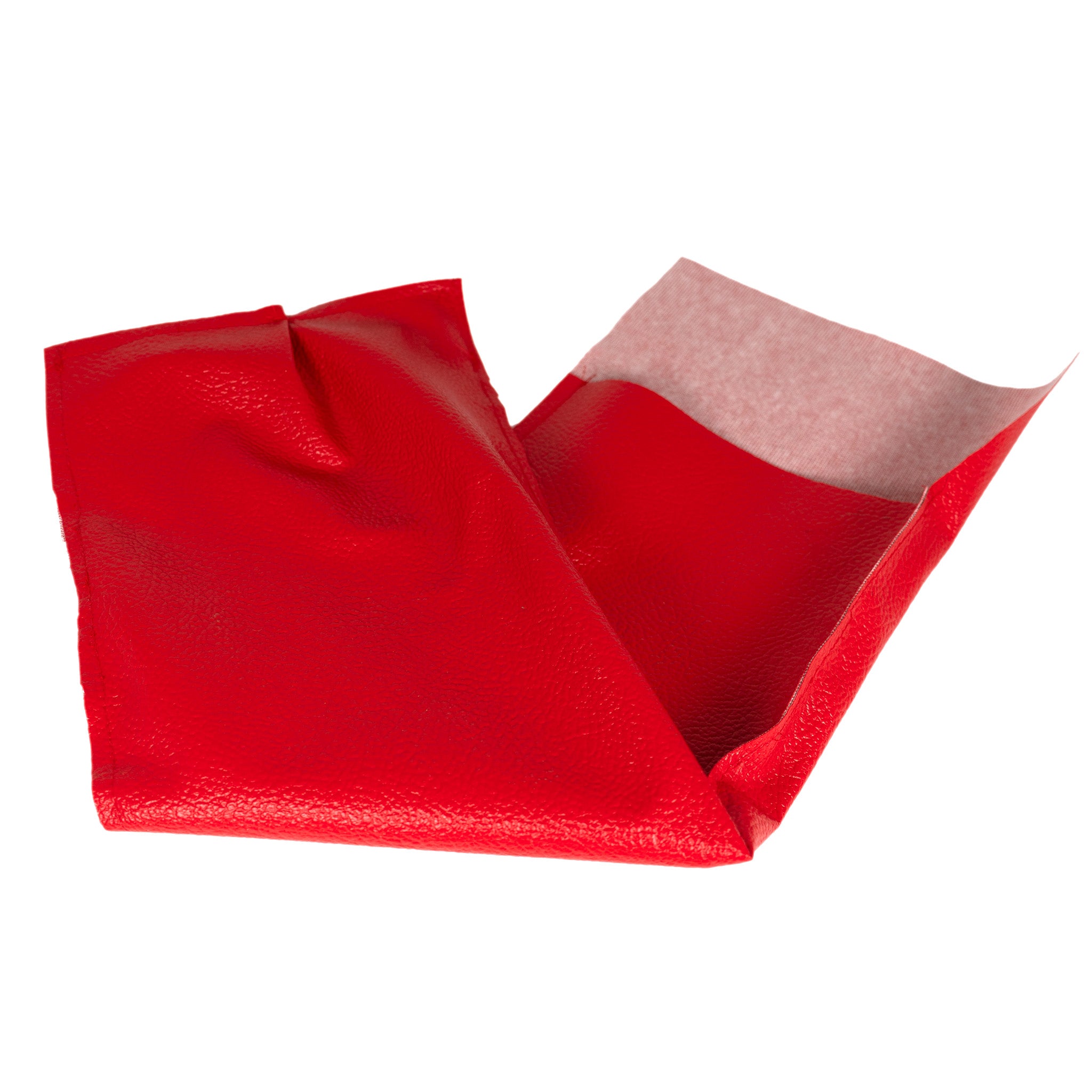 A bright red textured pouch or sleeve with a light pink inner lining, shown against a plain white background.
