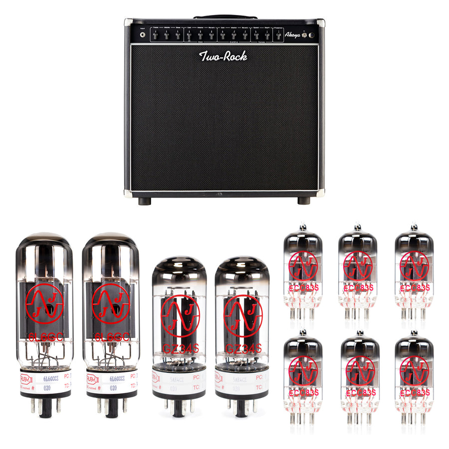 Guitar amplifier with a set of vacuum tubes on a white background. Indicating tube replacement kit. 