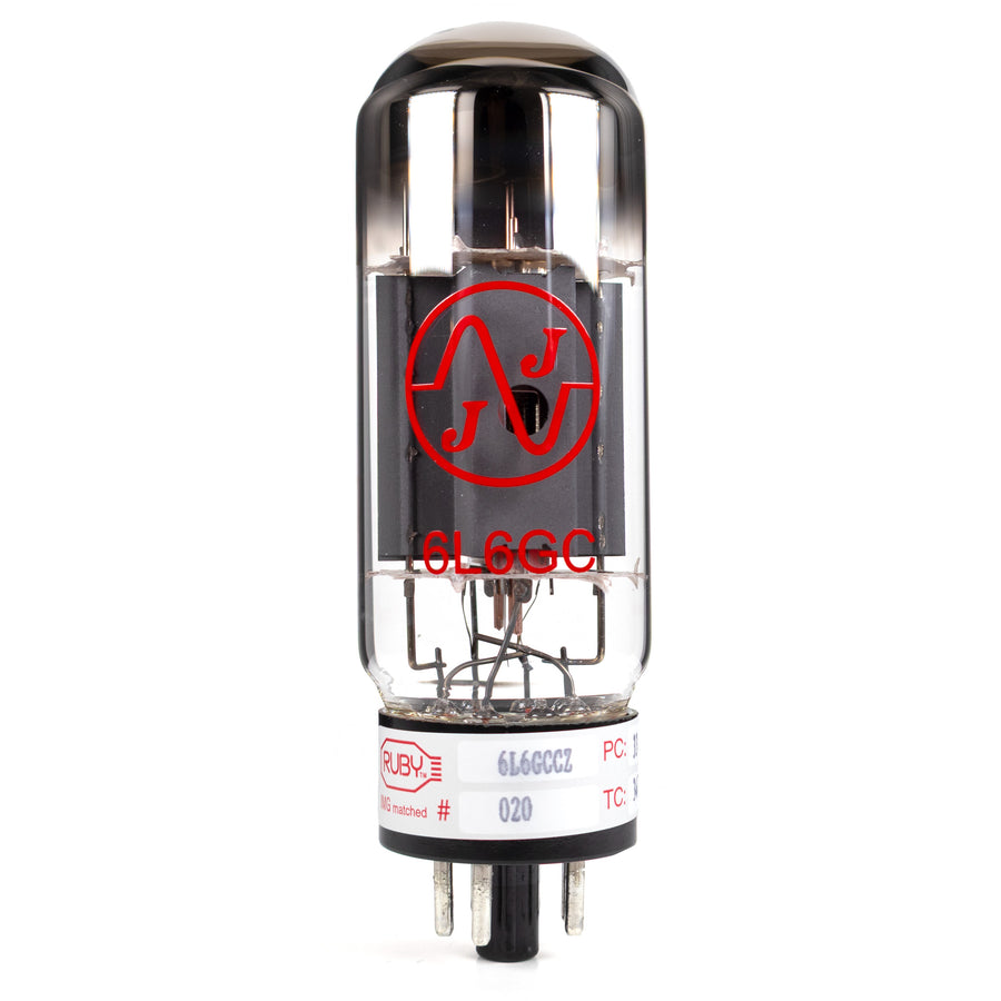 Vacuum tube with a red logo and model number 6L6GC on a white background