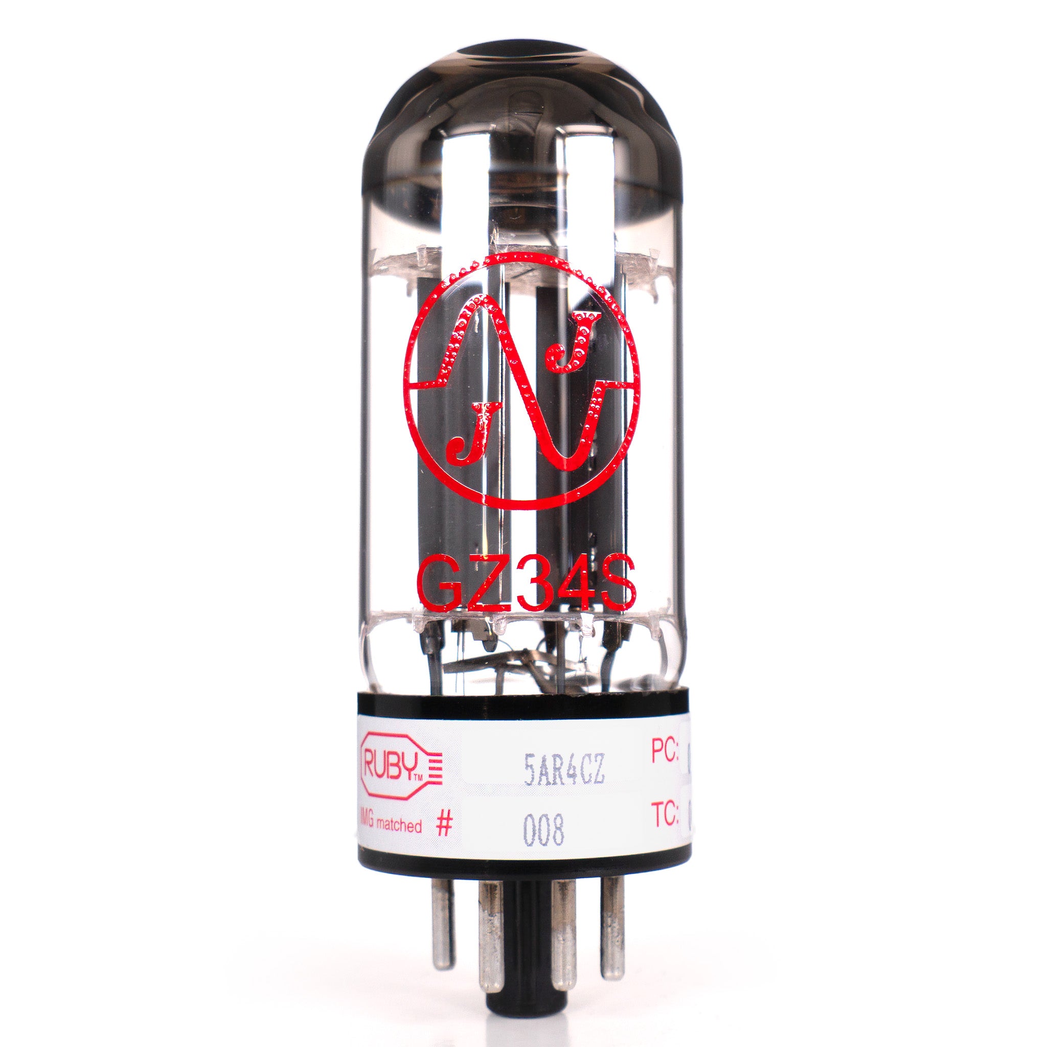 A single vacuum tube photographed on a plain white background. The tube is transparent glass with black metal base and top, internal metallic elements, and red printed branding/text including a large stylized 'N' logo and 'GZ34S'.