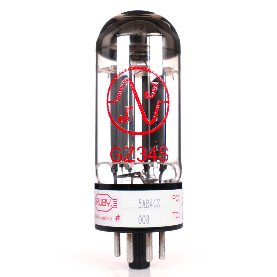 A single vacuum tube photographed on a plain white background. The tube is transparent glass with black metal base and top, internal metallic elements, and red printed branding/text including a large stylized 'N' logo and 'GZ34S'.