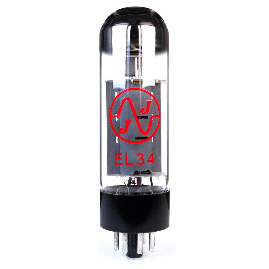 Vacuum tube with JJ logo and EL34 model number on a white background